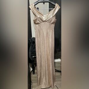 Morgan & Co Size 10 Gold/Champagne Shimmering Off the Shoulder Dress